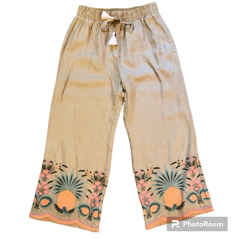 Spartina 449 Palazzo Pant Amelia Embroidered Pineapple Linen Tannin Size S NWOT